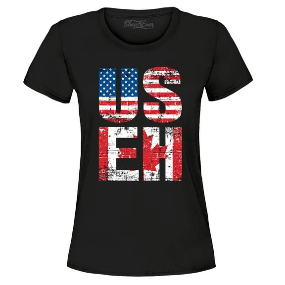 Shop4Ever Women's US EH American Canadian Flag Humor Graphic T-Shirt XX-Large Black