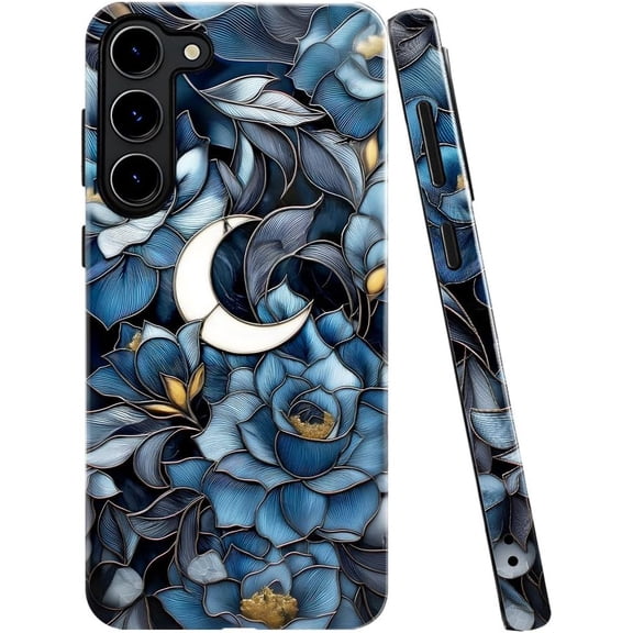 Case for Samsung Galaxy S23 Plus, Stained Glass Floral and Moon Phone Case Military-Grade Drop Protection Cover for Women Girl - Glossy