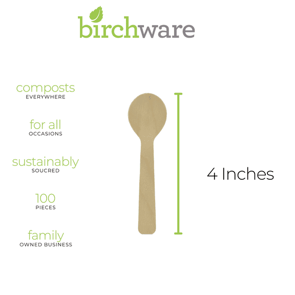 Birchware Compostable Wooden Disposable Mini Spoons, 100 Count