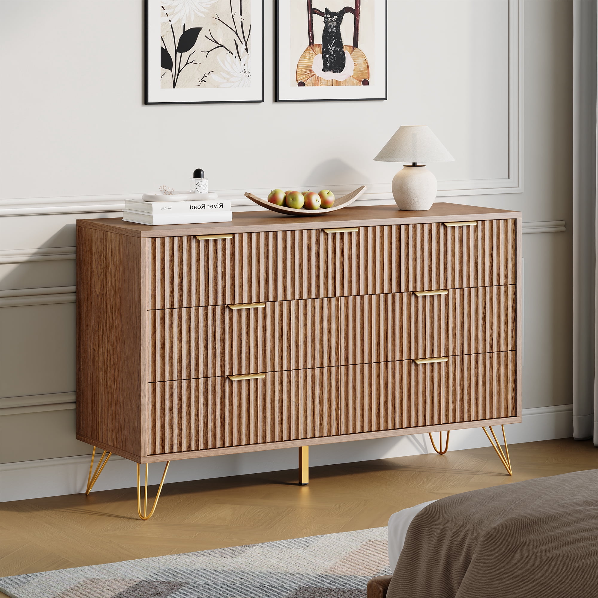YouTrend 7 Drawer Dresser with Fluted Wood and Metal Handles Legs for Bedroom Living Room Hallway