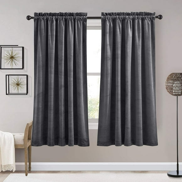 RYB HOME Grey Velvet Curtains - Super Soft Room Darkening Thermal Insulating Window Drapes for Bedroom Living Room, W 52 x L 63 inch, 2 Panels
