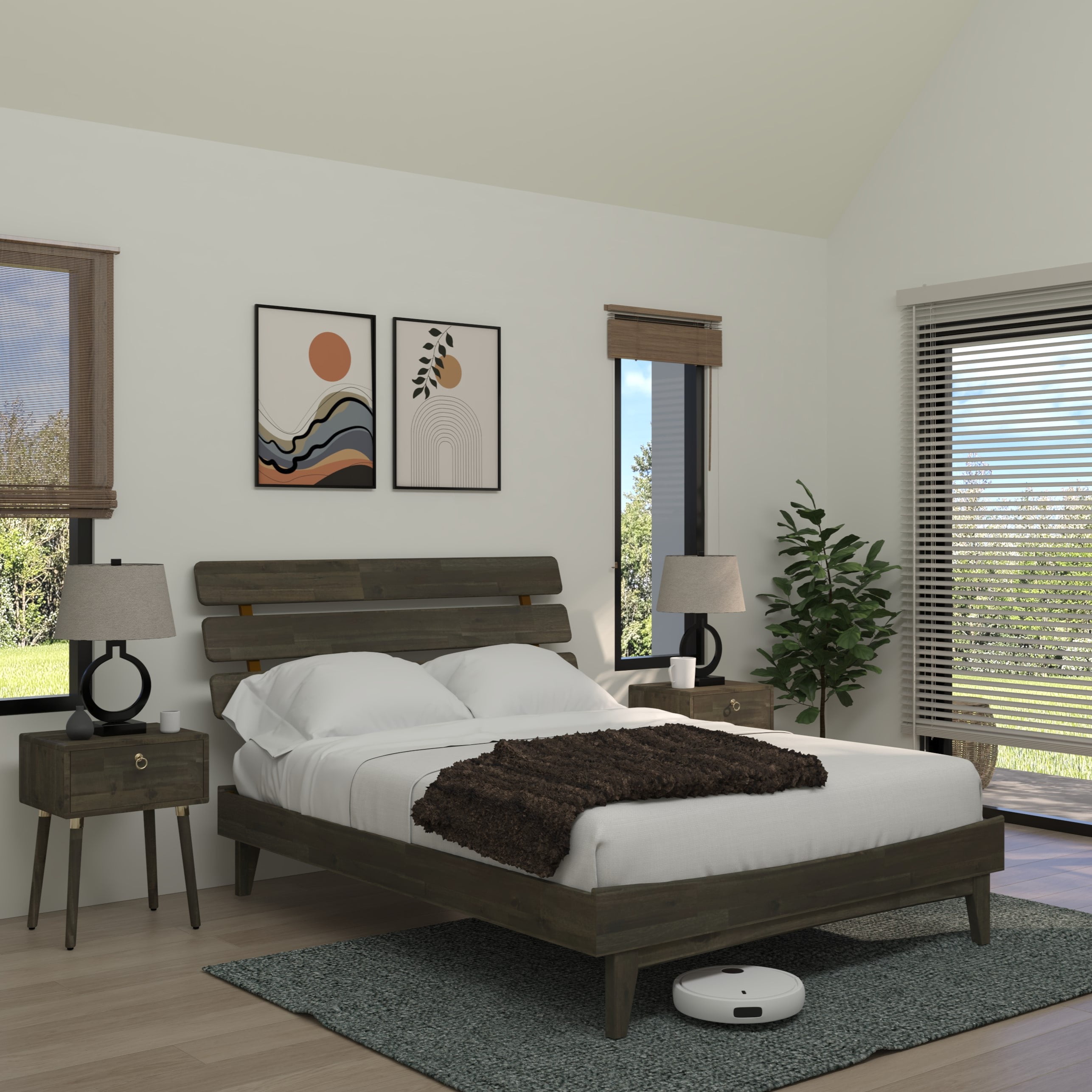 Dalen 45" Bed Frame Queen, Adjustable Headboard, Mid-Century, Solid Wood, Mocha