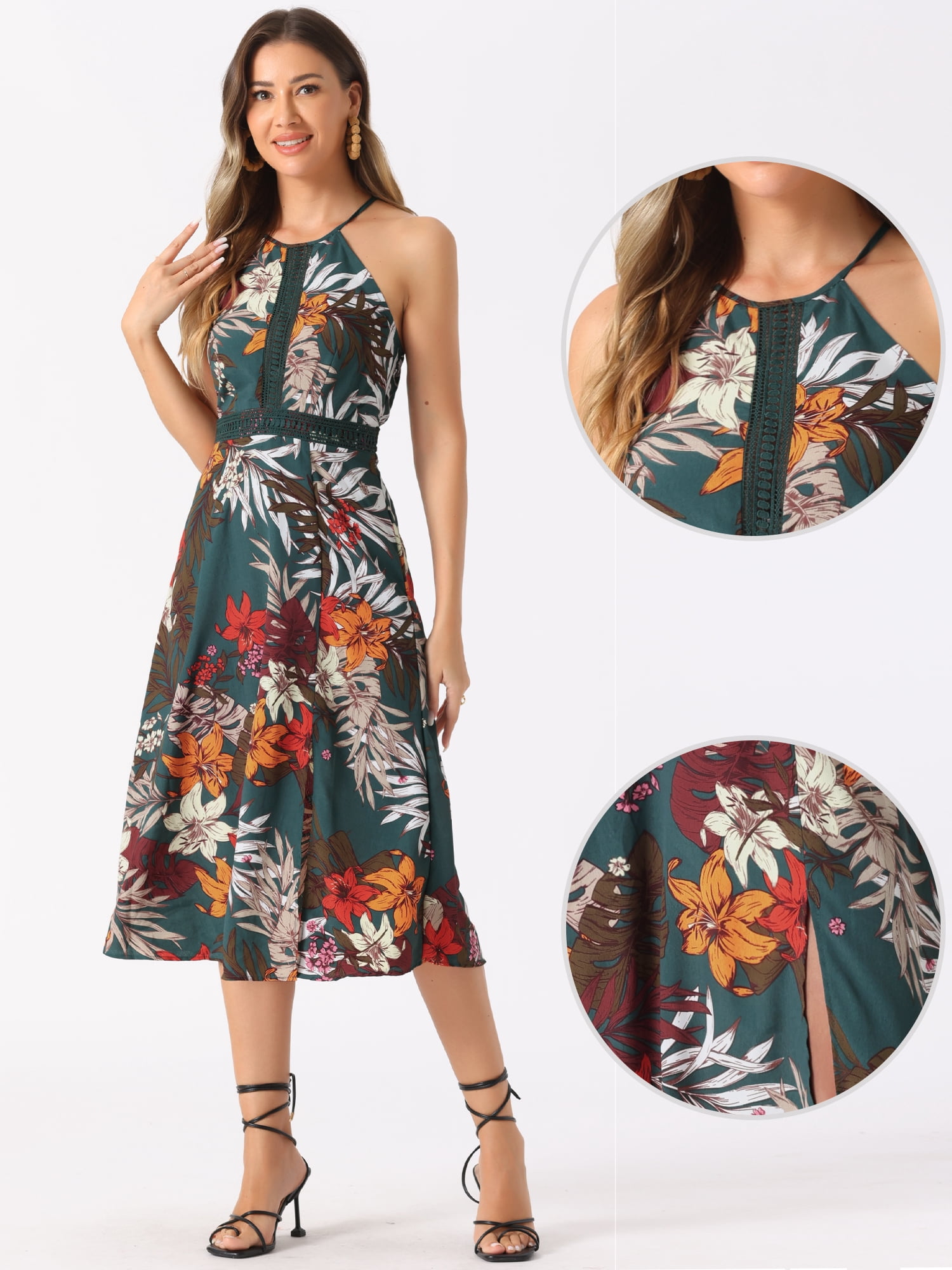 DARING DIVA Women's Boho Floral Split Sleeveless Halter Neck Dresses S Green