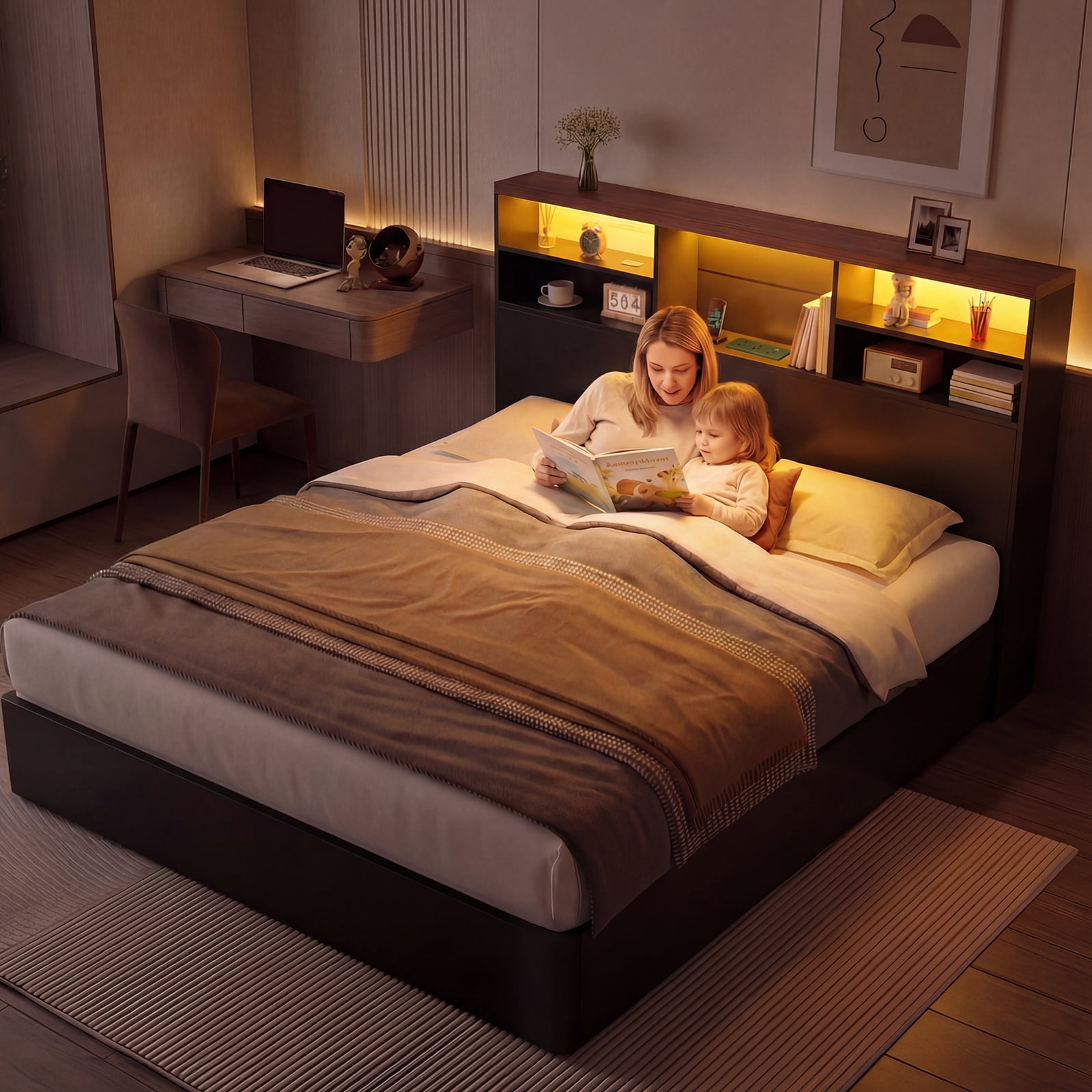 Advwin 63" Full/Queen Storage Headboard with LED Lights & Charging Station, Modern Bookcase Headboard, Space Saving Wood Headboard Only for Bedroom, Black & Walnut