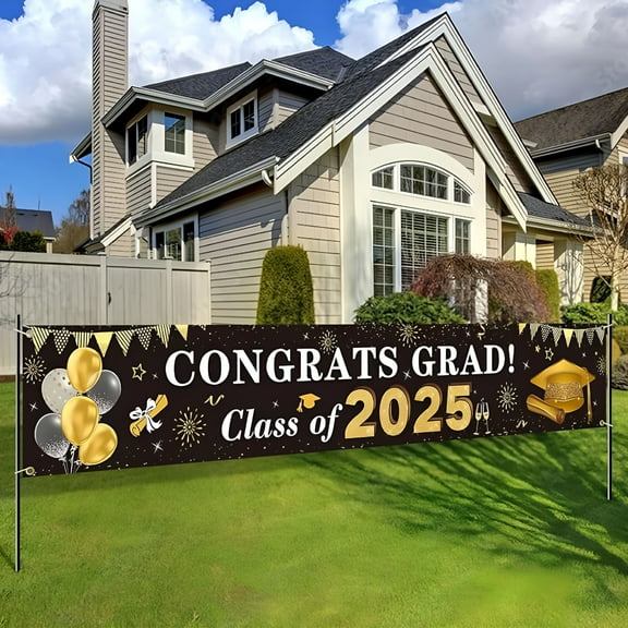 LAMIRO Graduation Decorations Congrats Grad Class of 2025 Banner - Blue and Gold Graduation Yard Sign Backdrop Hanging Decorations for Indoor Outdoor Graduation Party Supplies