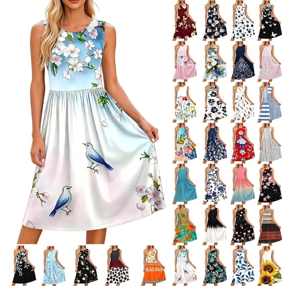 Tqcoqu Women's Round Neck Sleeveless Print Dress with Pockets,A-Line Casual Daily Trendy Sundress,Sky Blue Women's S-XXL