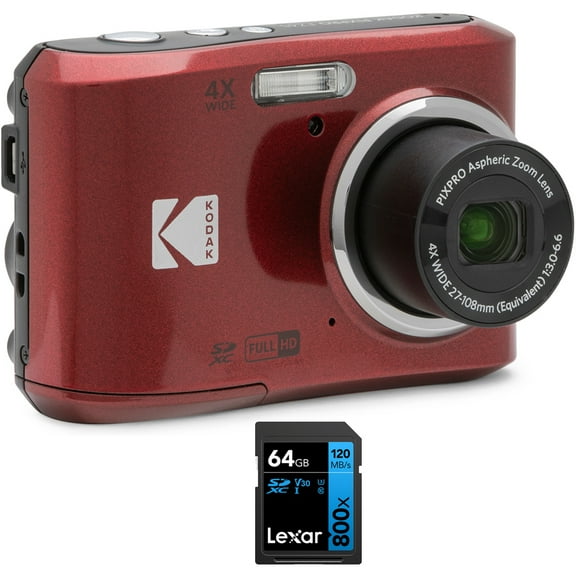Kodak FZ45RD PIXPRO 16MP Digital Camera Red Bundle with Lexar 64GB High-Performance 800x UHS-I SDHC Memory Card BLUE Series