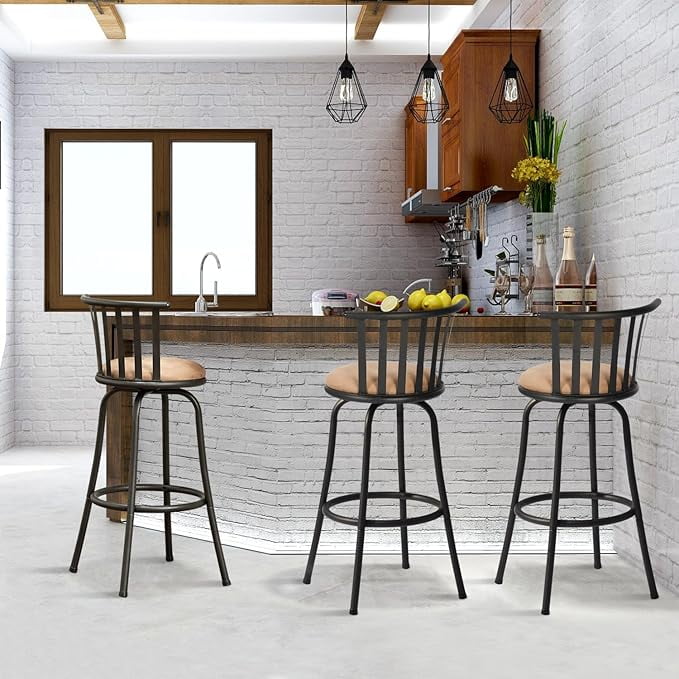 Homy Casa Swivel Bar Stools Set of 3, 29 inch Bar Height Modern BarStool for Home Kitchen Island, Brown