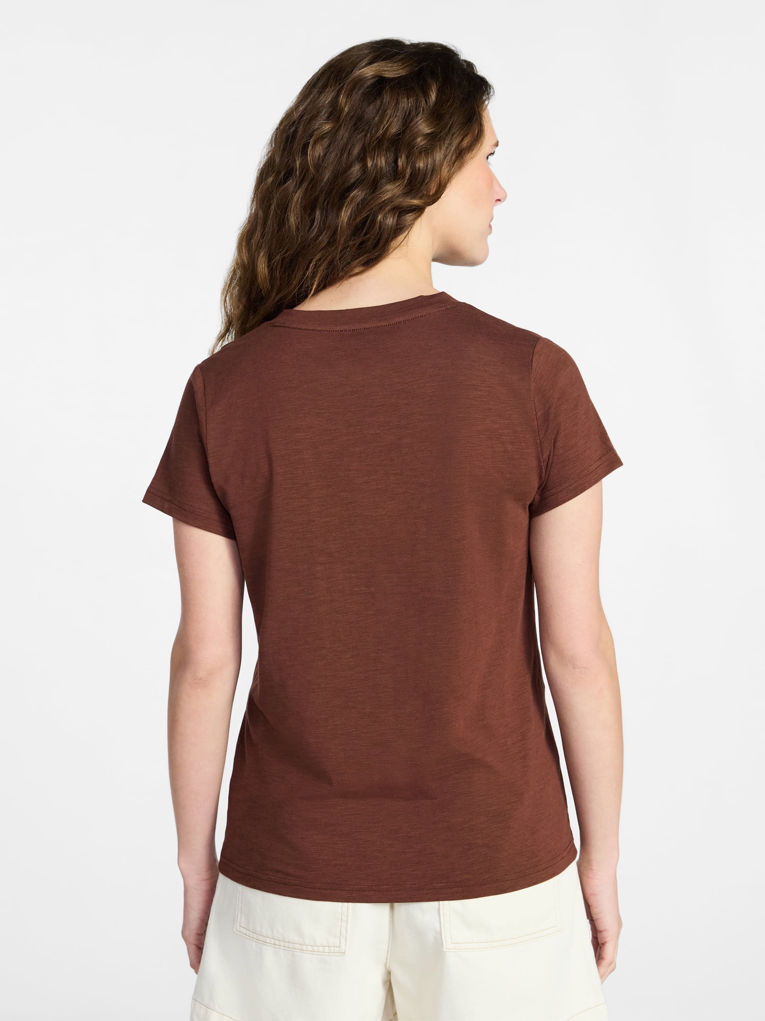 Time and Tru Women's Slub V Neck Tee with Short Sleeves, Sizes XS-XXXL