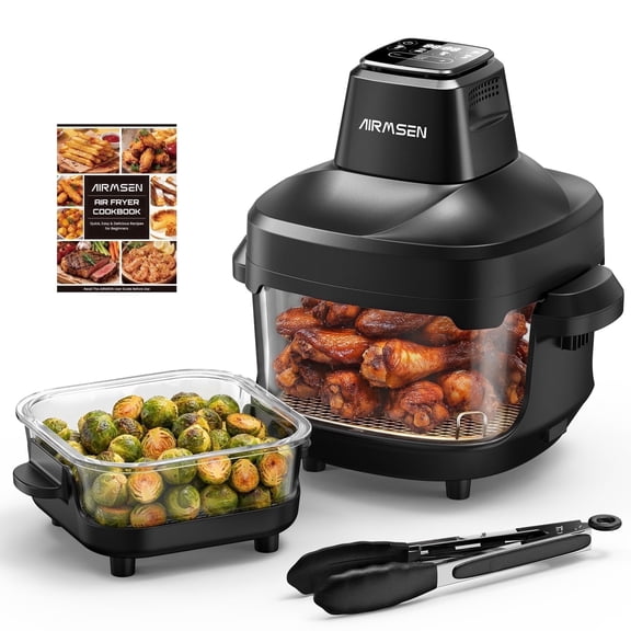 AIRMSEN Portable Glass Air Fryer, 4.8QT Non-Toxic Glass Bowls, Max 450 F, 4 Preset Modes with Adjustable Time and Temp, Dishwasher-Safe, 1500W