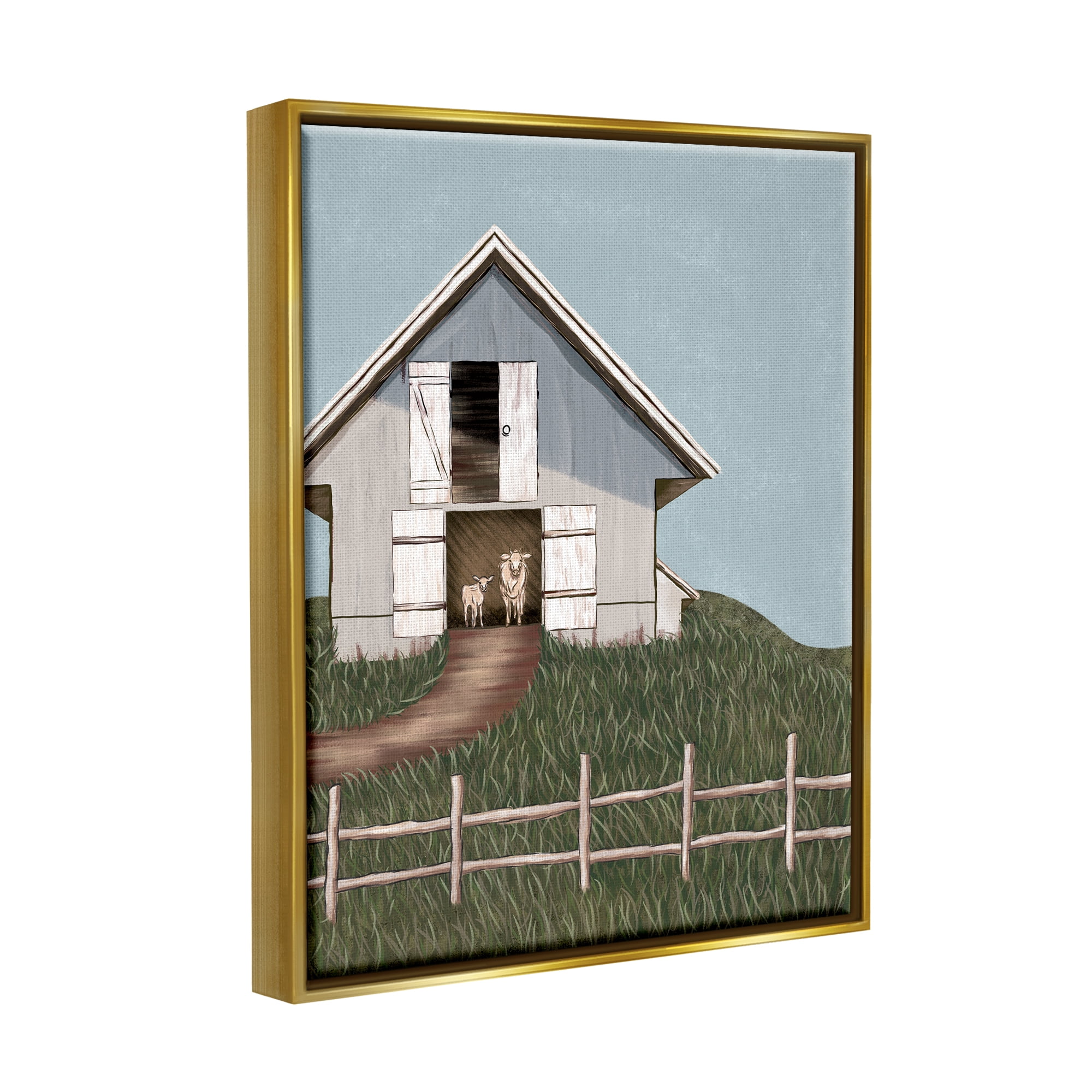 Stupell Industries Sheep In Barn Rural Farm Landscape Painting Gold Floater Framed Art Print Wall Art
