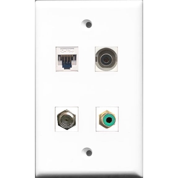 RiteAV 1 Port RCA Green and 1 Port Coax Cable TV- F-Type and 1 Port 3.5mm and 1 Port Cat5e Ethernet White Wall Plate