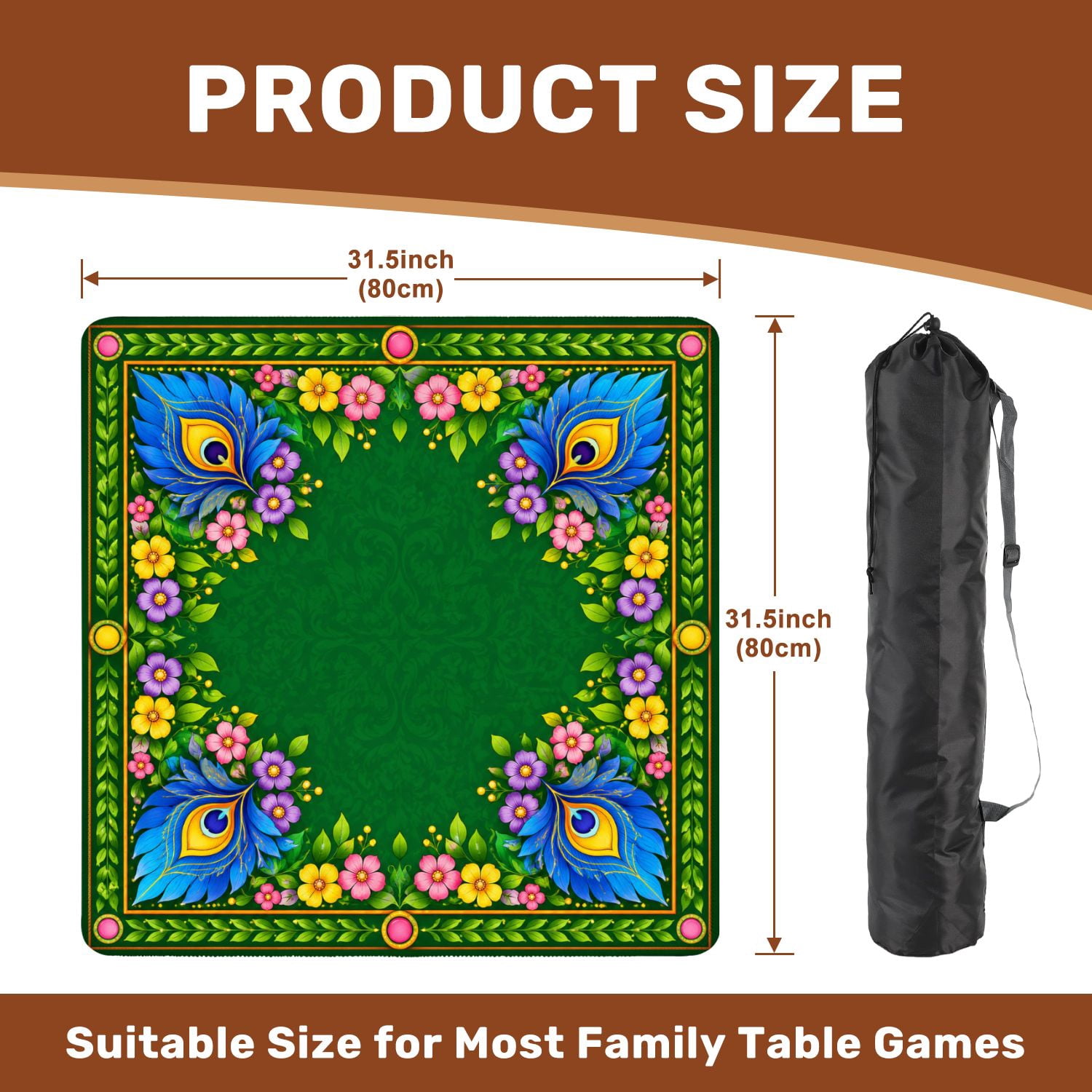 Mahjong Mat 31.5" x 31.5" Abstract Floral Peacock Motifs Vibrant Colors Non-Slip Noise Reduction Mahjong Tiles Table Cover for Dominoes Poker Card Board and Tile Games