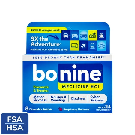 Bonine Motion Sickness and Nausea Relief, Chewable Tablets, Raspberry, 8 Count