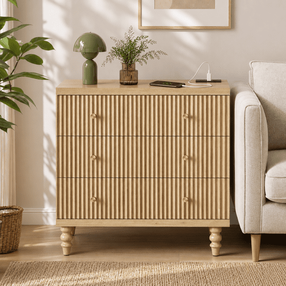 Bestier 3 Drawer Dresser with Charging Station, Modern Fluted Wood Storage Cabinet for Living Room, Chest of Drawers with Gold Handles, Tall Dresser for Hallway, Entryway & Home Office, Natural Oak