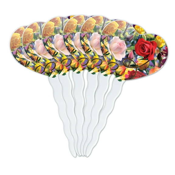 Wild Rose Tango Flowers Heart Love Cupcake Picks Toppers Decoration Set of 6