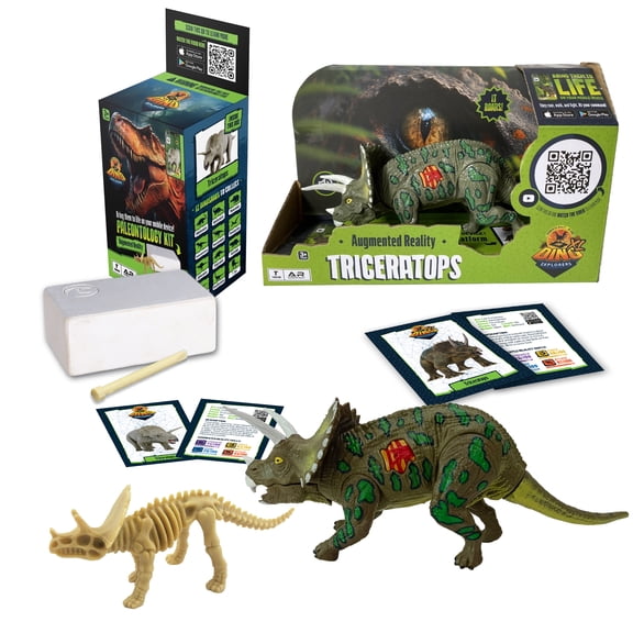 Dino Explorers: AR Dinosaur XL & Brick Combo - Triceratops - 10" Articulated Sound Toy Figure & Paleontology Dig Kit, Augmented Reality Set, Kids 3
