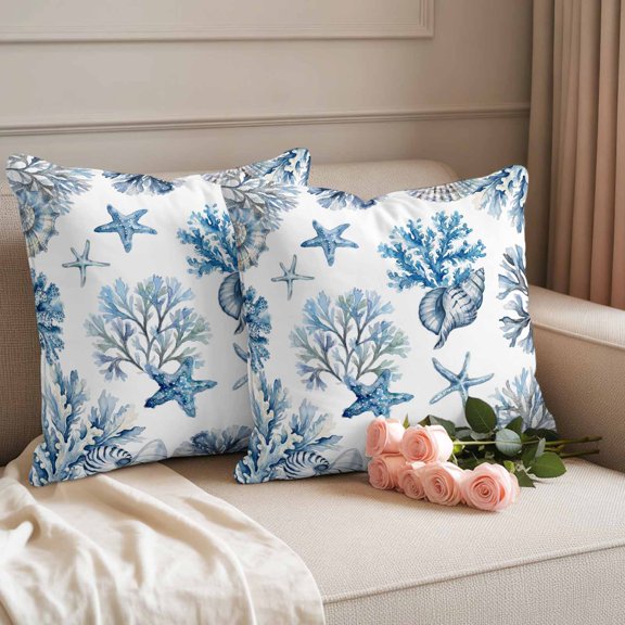 Outdoor Pillow Cover 18x18inch Set of 2, Blue Ocean Conch Coral Shell Waterproof Decorative Throw Pillow Cover for Couch Sofa, Summer Nautical Starfish Pillowcase Cushion Cases for Patio Garden