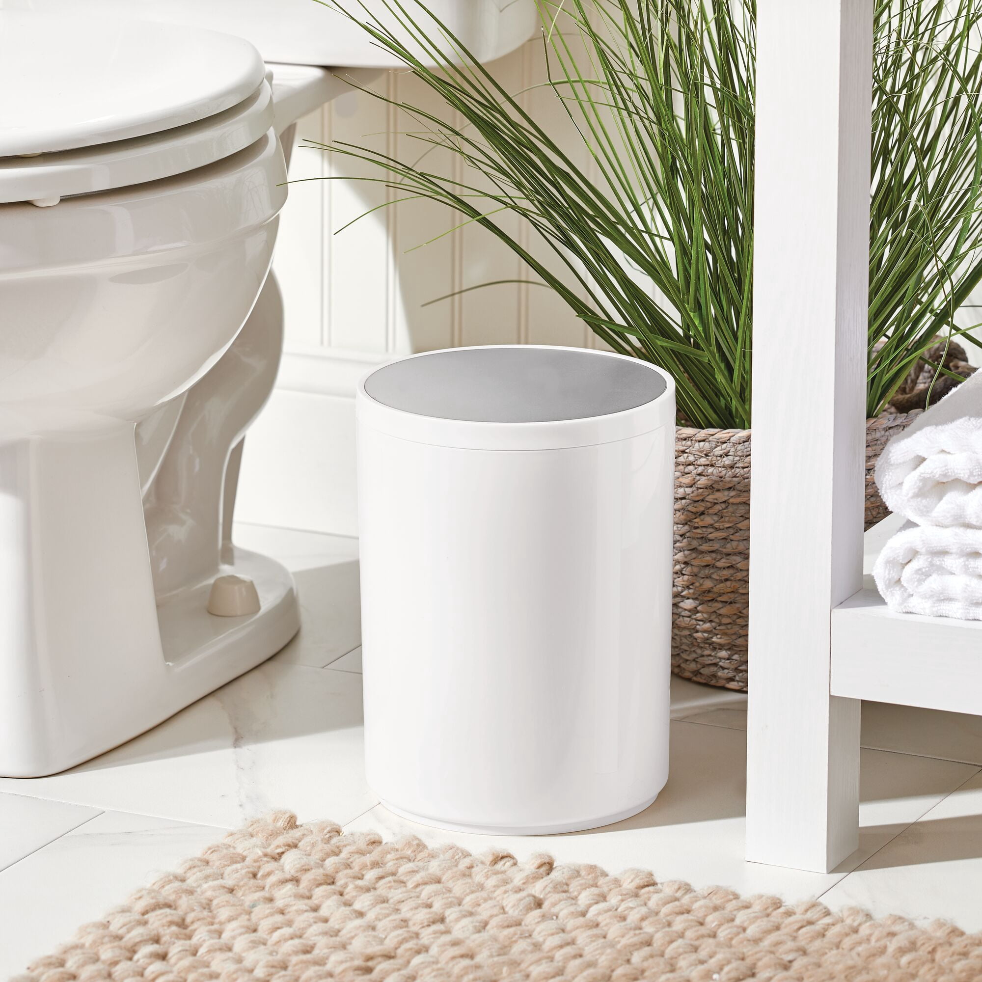 IDesign Small Oval Trash Can Set Of 2 - Compact Plastic Waste Bin For Bathroom, Bedroom Or Office, Gray
