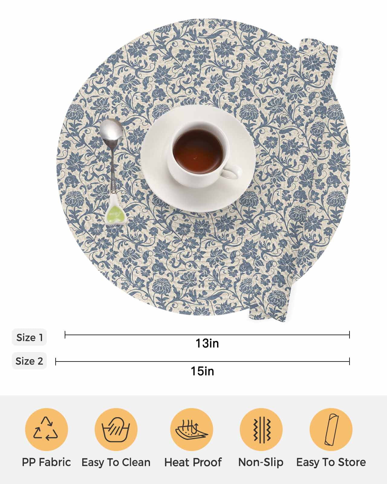 15 Inch Round Placemats Set of 4, Light Blue Floral Non Slip Heat Insulation PP Table Mats, Rustic Vintage Flowers Botanical Spring Washable Place Mats for Kitchen Dining Party Table Decor