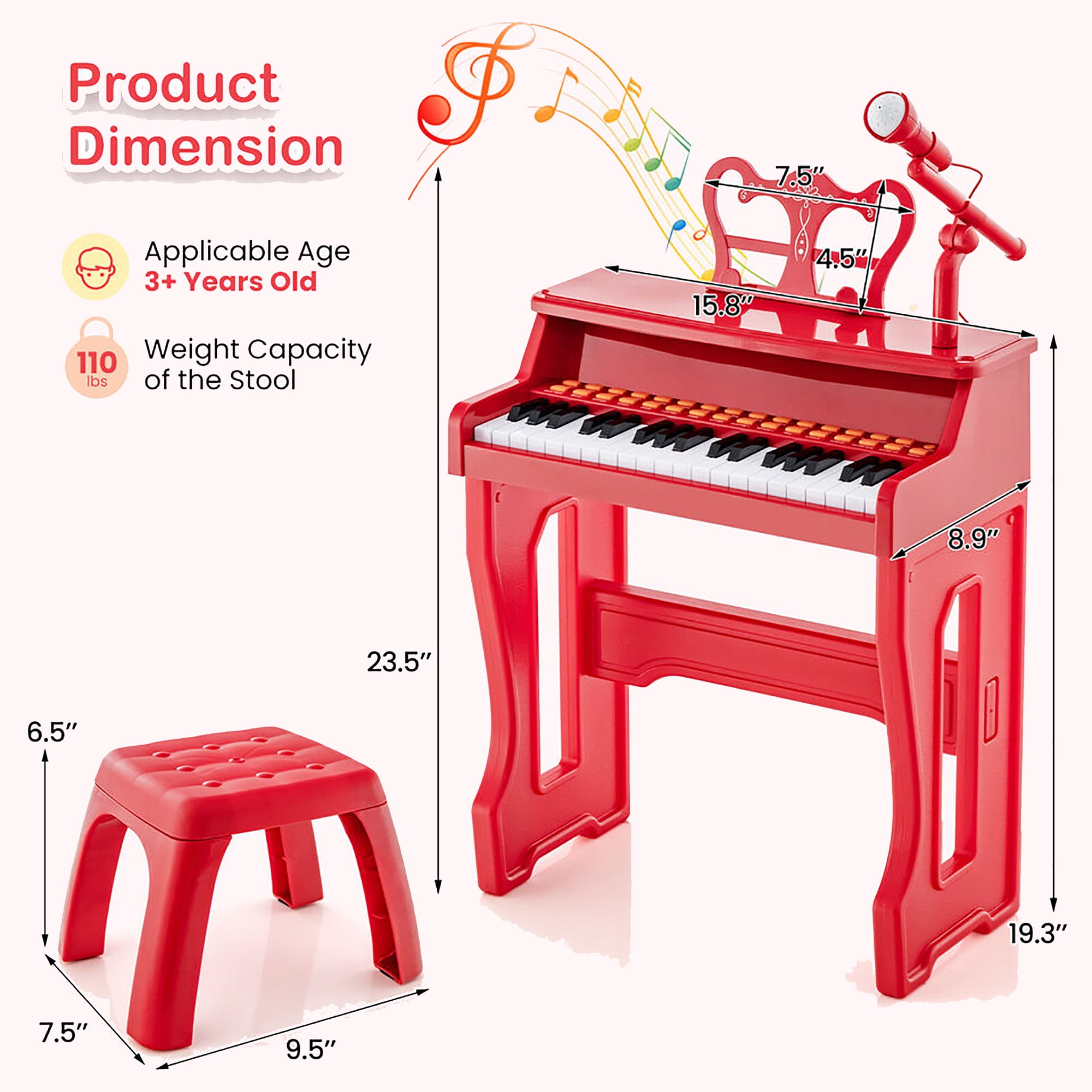 Gymax 37-Key Music Piano Keyboard Kids Learning Toy Instrument w/ Microphone Red