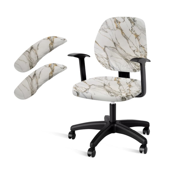 SCRAWLGOD Marble Print White Dustproof Office Chair Slipcover with Arm Rest Covers 4 Pcs Set Anti-Slip Desk Chair Cover Crease Resistant High Back Chair Protector