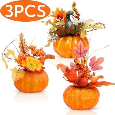 Fall Artificial Pumpkin Decor Fall Centerpiece with Maple and Flowers  for Harvest Autumn Season Halloween Thanksgiving Holiday 3Pcs
