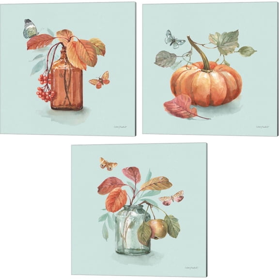 Great Art Now Autumn in Nature on Aqua A by Lisa Audit 3 Piece Canvas Art Set Each 14"W x 14"H