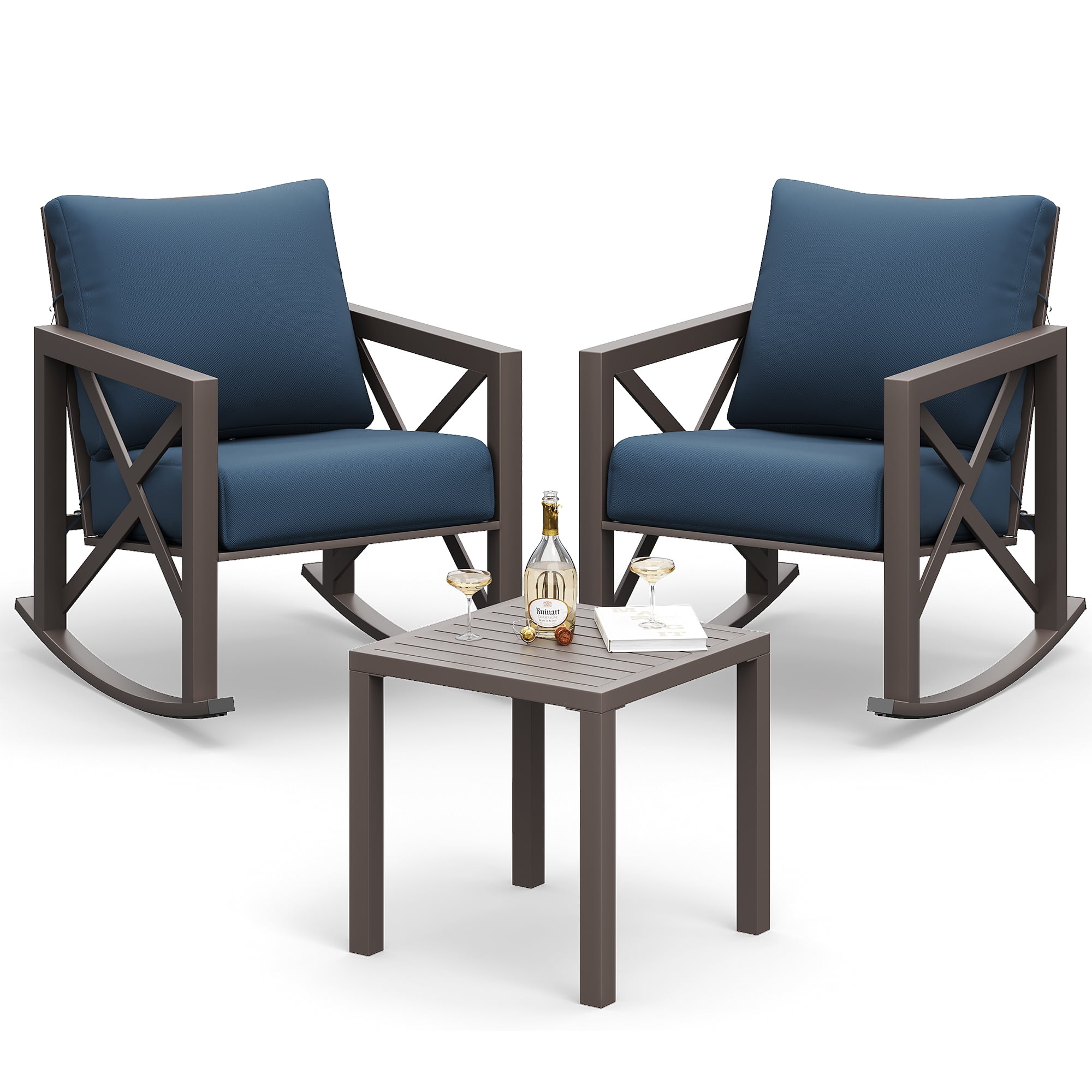 MRUAKA Rocking Chair Bistro Set,3 Piece Outdoor Patio Furniture Set with 2 Rockers and 1 Metal Coffee Table with Thick Cushions for Porch,Backyard,Poolside,Blue