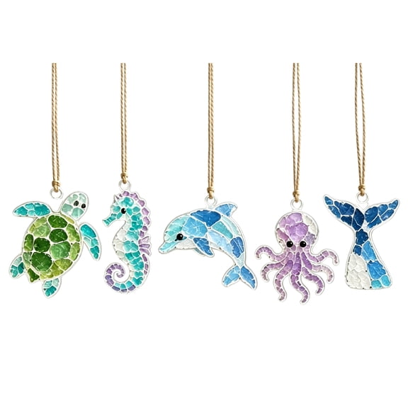 5 Pack, Stained Glass Window Hanging Ocean Sea Animal Decor 4.5 Inch Stained Glass Suncatcher Hanging Wall Decor Beach Themed Room Decor for Living Room Bedroom Patio Home Accent,