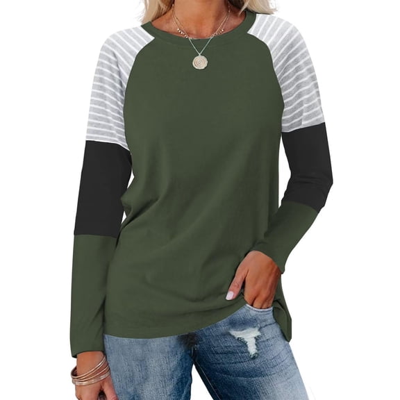LYEAA Long Sleeve Womens Tops Plus Size Warm Crew Neck Shirts Stylish Color Block Winter Pullover Comfortable Dressy Casual Outfits Loose Lightweight Clothes Green L