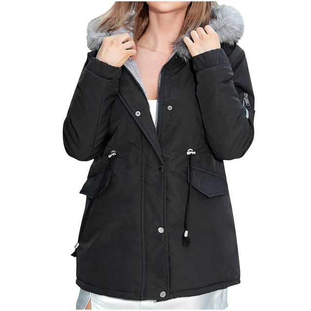 FAIWAD Women's Winter Hooded Puffer Jacket Mid Length Warm Plus Size Zip Adjustable Drawstring Down Jacket