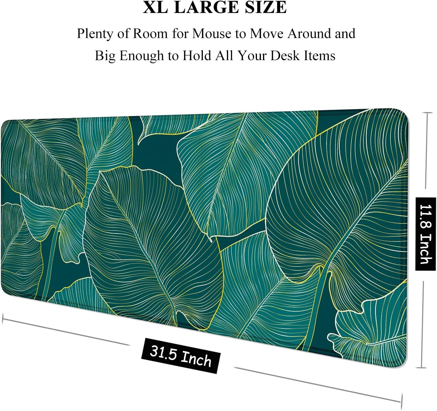 Desk Pad, XL Extended Large Gaming Mouse Pad 31.5 x 11.8 Inch, Waterproof Mousepad with Stitched Edge, Non-Slip Computer Keyboard Laptop Mat for Women Men Office Work, Teal Tropical Leaves