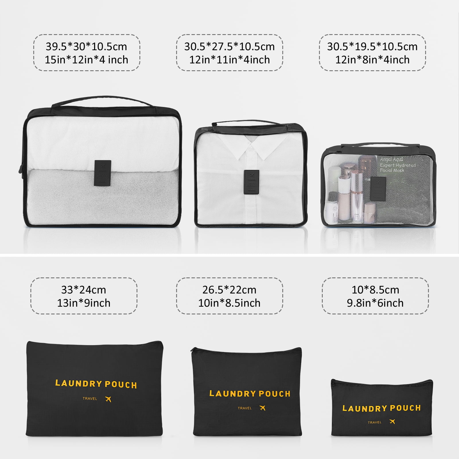 3 Piece Luggage Sets with 6 PC Organize Bags Lightweight Suitcases with Spinner Wheels, Black
