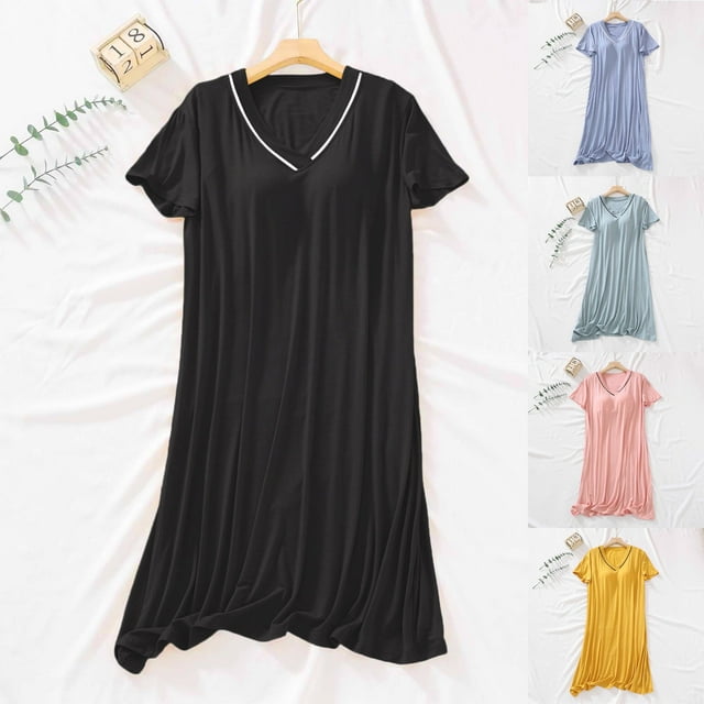 JDQJBZ Nightgowns for Women Solid Color V Neck Short Sleeve Sleep Dress