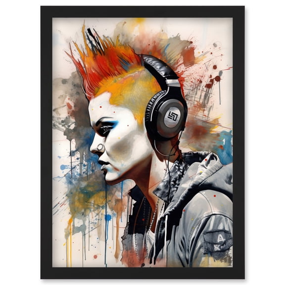 Edgy Young Punk Woman with Red Mohawk and Headphones Listening to Music Modern Watercolour Painting Artwork Framed Wall Art Print A4