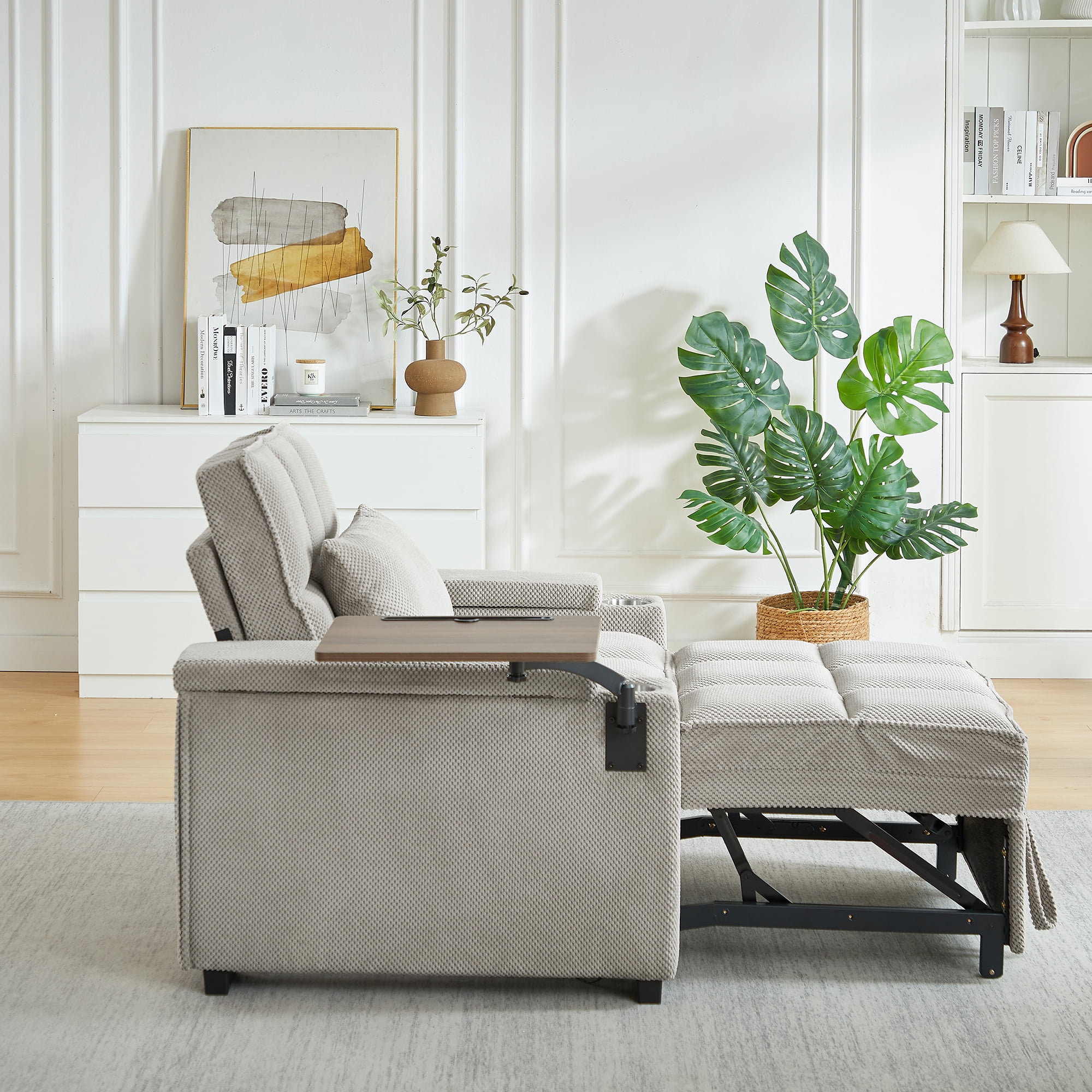 Gewnee 3-in-1 Convertible Sleeper Chair with Adjustable Backrest,Pull-Out Single Sofa Bed with Swivel Side Table & USB Ports & Cup Holder,Perfect for Dorms,Offices.Khaki