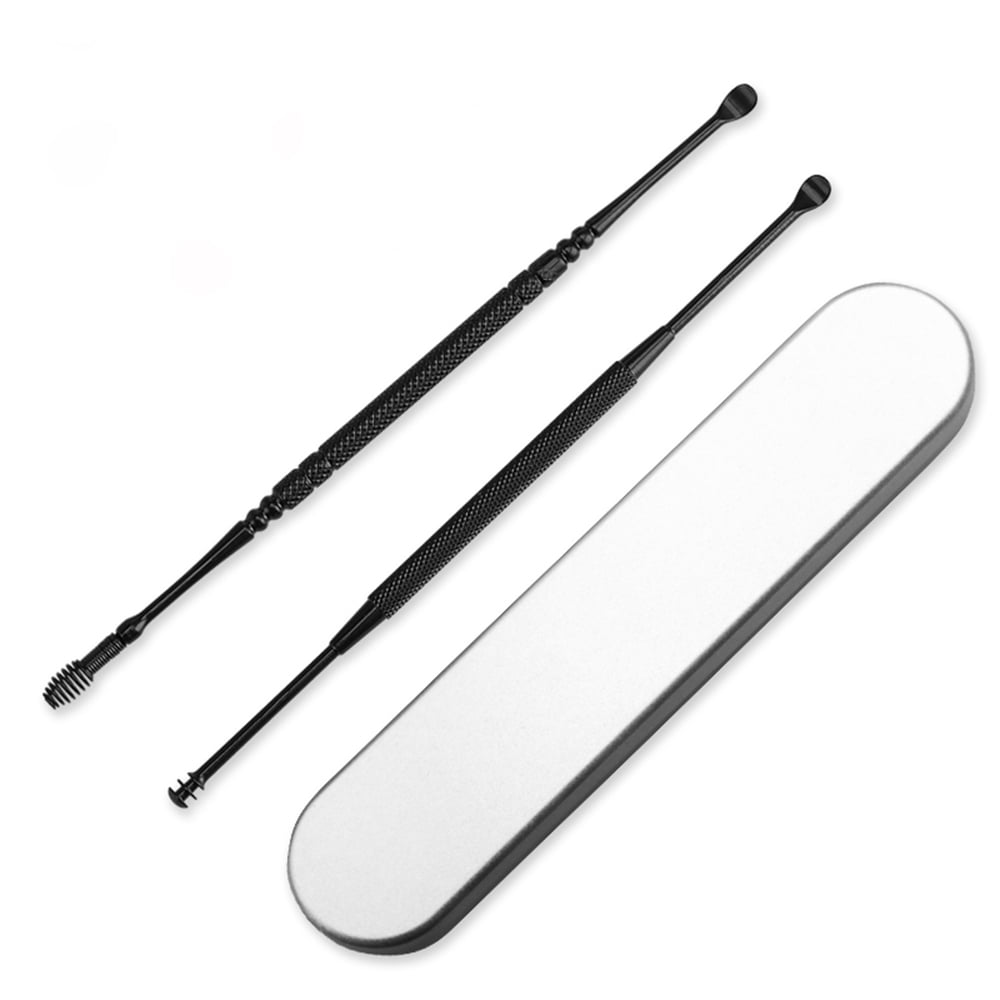 Stainless Steel Digging Ear Spoon Set Portable Spiral Rotating Dig Spoon Double Ears Artifact Cleaning Tool Lightweight Earpick Black Earwax Remover Kit For Health Care