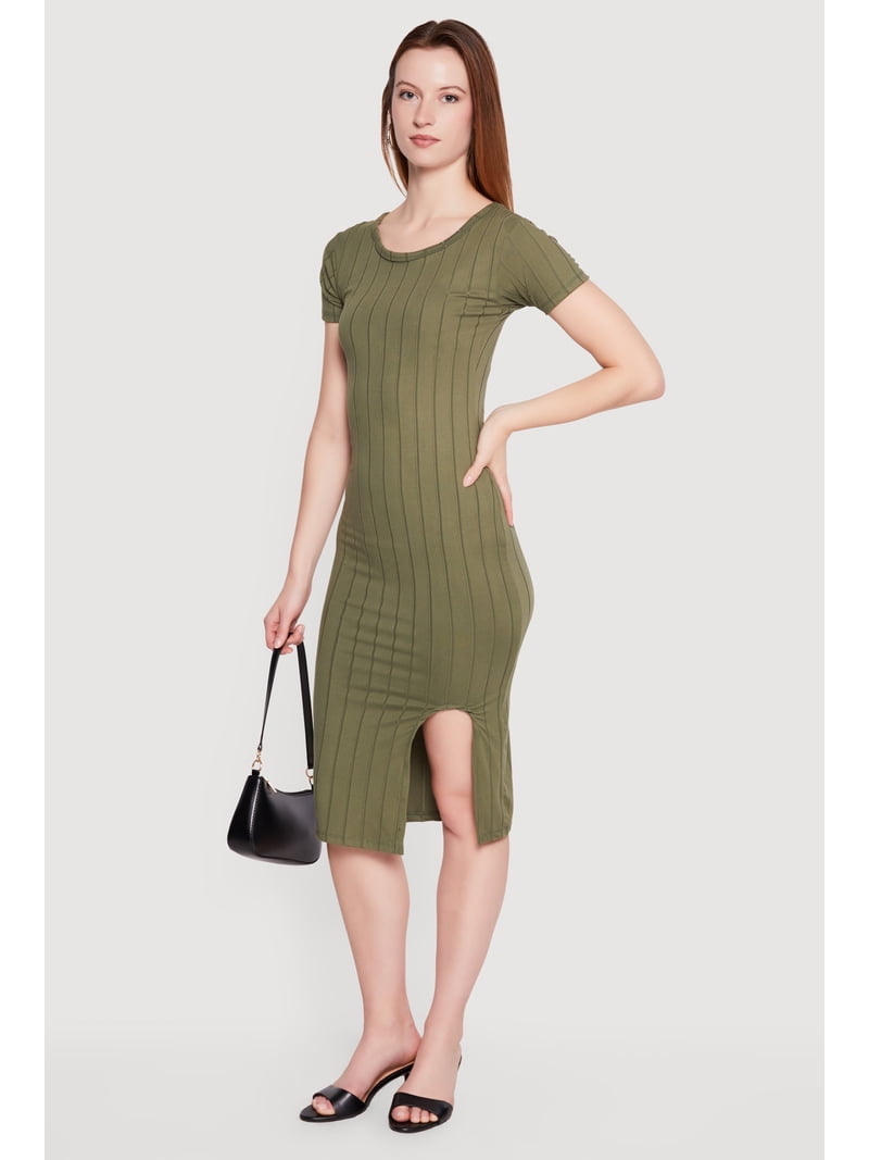 ribbed midi dress short sleeve Womens Rib Knit Side Slit Short Sleeve Mock Neck Midi Dress, Green, Size L