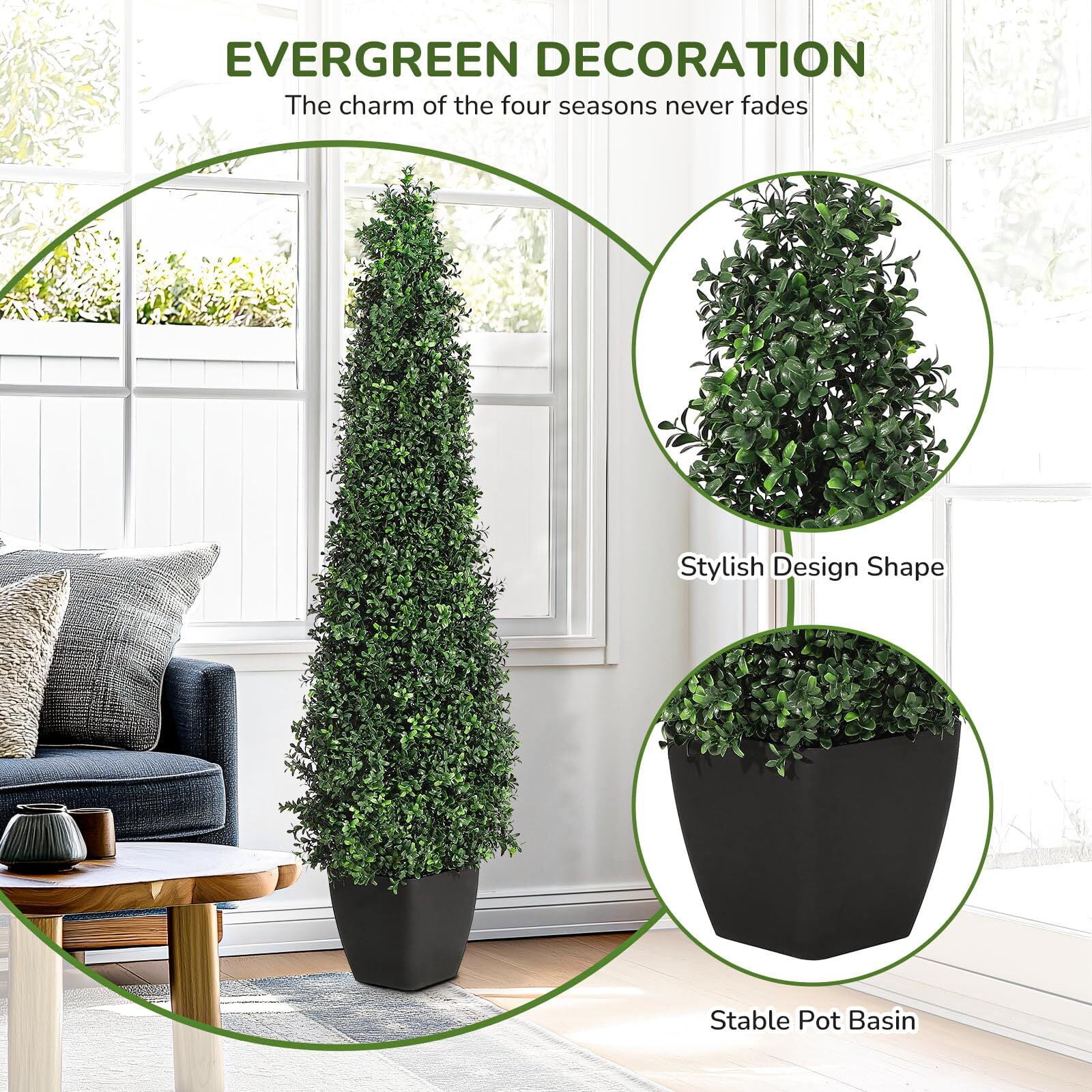 Artificial Boxwood Topiary Trees - Cone Shape Fake Plant with Modern Black Planter, 5FT Faux Outdoor Plants for Indoor Front Porch Plants Set of 2