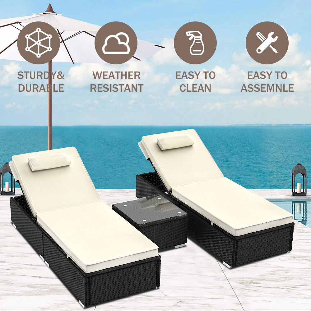 3PCS Outdoor Chaise Lounge, Patio Wicker Chaise Lounge with Glass Coffee Table, PE Rattan Lounge Chair with Adjustable Back and Feet, Cushioned Chaise Lounge Patio Furniture Set for Poolside, Beige - image 4 of 12