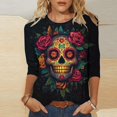 thumbnail image 2 of Women’s Day of the Dead T Shirt 3/4 Sleeve Crewneck Top Colorful Floral Skull Skeleton Print Trendy Casual Blouse for Festival and Themed Party Outfits, 2 of 5