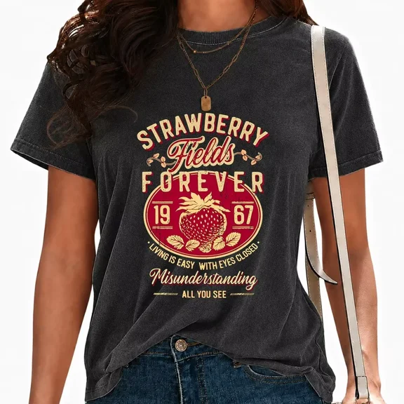 UNISHE Women Strawberry Print T-Shirts Vintage Washed Music Lover Graphic Tees Casual Streetwear Tops Black, S