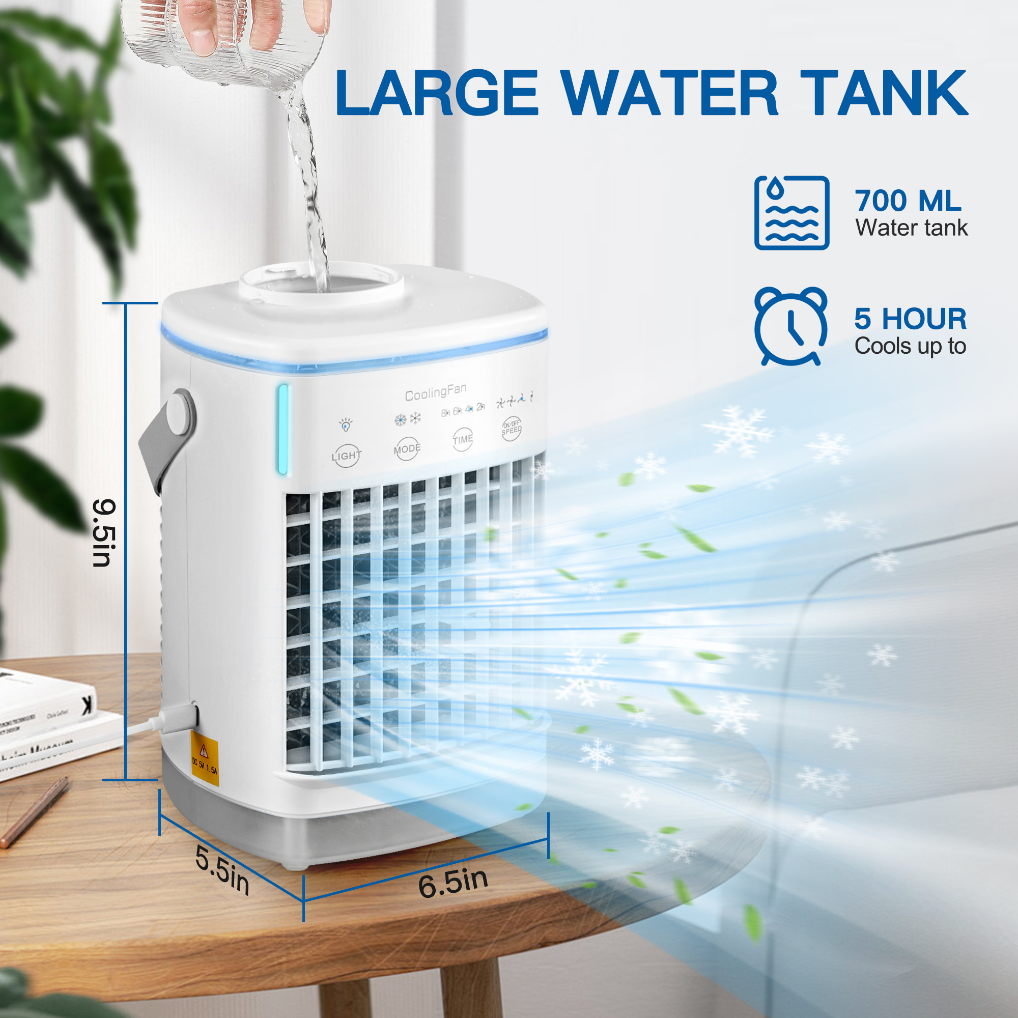 Uarter 3-in-1 Evaporative Air Cooler 4-Speed Portable Conditioner Cooling Fan 700ml Mini Humidifier