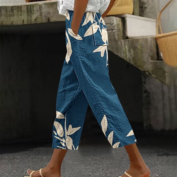 Nuoqisi Womens Wide Leg Cropped Pants Summer Casual Loose Drawstring Harem Beach Flowy Pant with Pockets 2026