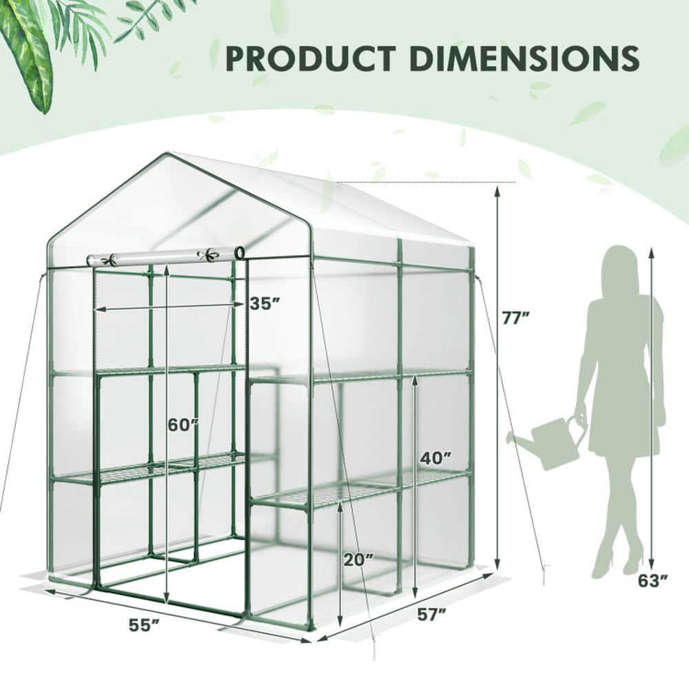 Spaco Walk-in Greenhouse with 3 Tiers 8 Shelves PVC Cover Roll-up Zippered Door, Walk-in Greenhouse for Outdoor, Transparent