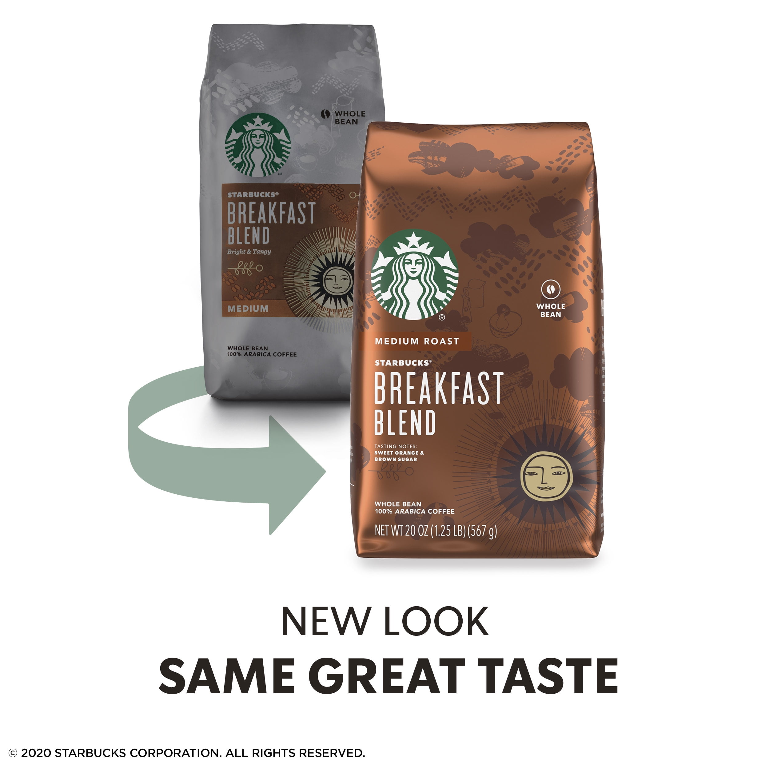 Starbucks Breakfast Blend Medium Roast Whole Bean Coffee, 20 Oz, Bag