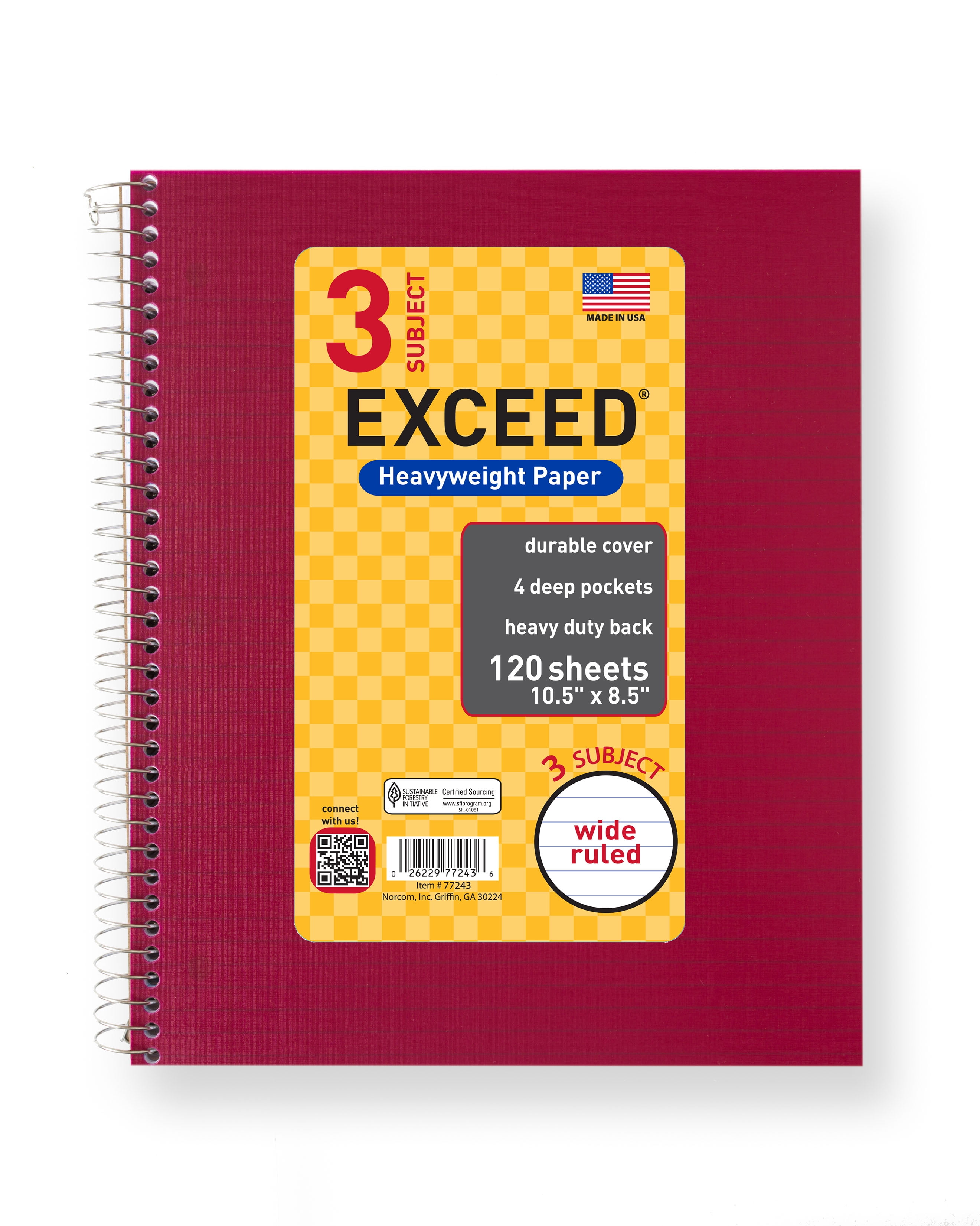 Exceed 3 Subject 120 Count Notebook, Burgundy, 10.5' x 8.5', Wide Ruled