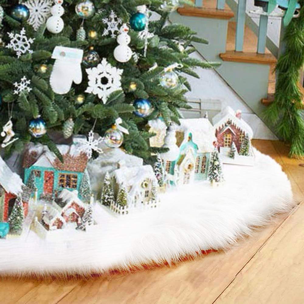 XAMSHOR Sequin Christmas Tree Skirt Soft Plush Mat White Faux Fur Holiday Party Decorations 32 Inch
