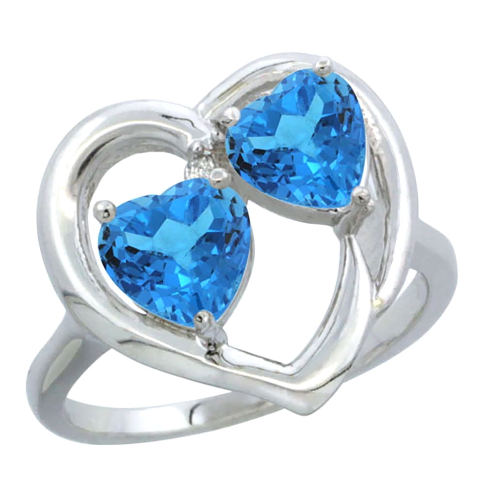 10K White Gold Diamond Two-stone Heart Ring 6mm Natural Swiss Blue Topaz, sizes 5-10 by WorldJewels
